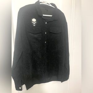SALE Black Corduroy Button Down Long Sleeve Over Shirt holographic Skull patch